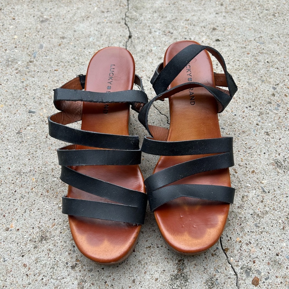 Lucky Brand Marinaa Faux Woodgrain Platform Wedge Strappy Sandals Size 8 M